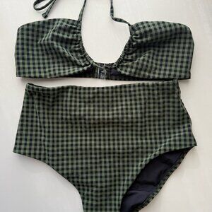 Oysho Green & Navy Gingham Check Bikini Top